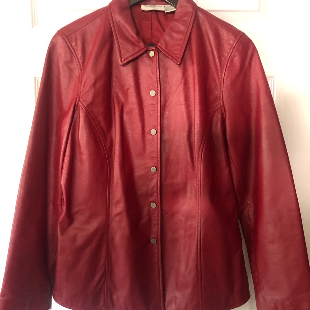 Leather snap front dark red leather shirt jacket